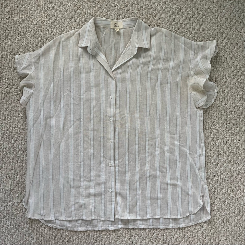 Cream Striped Button Up Linen Blouse
